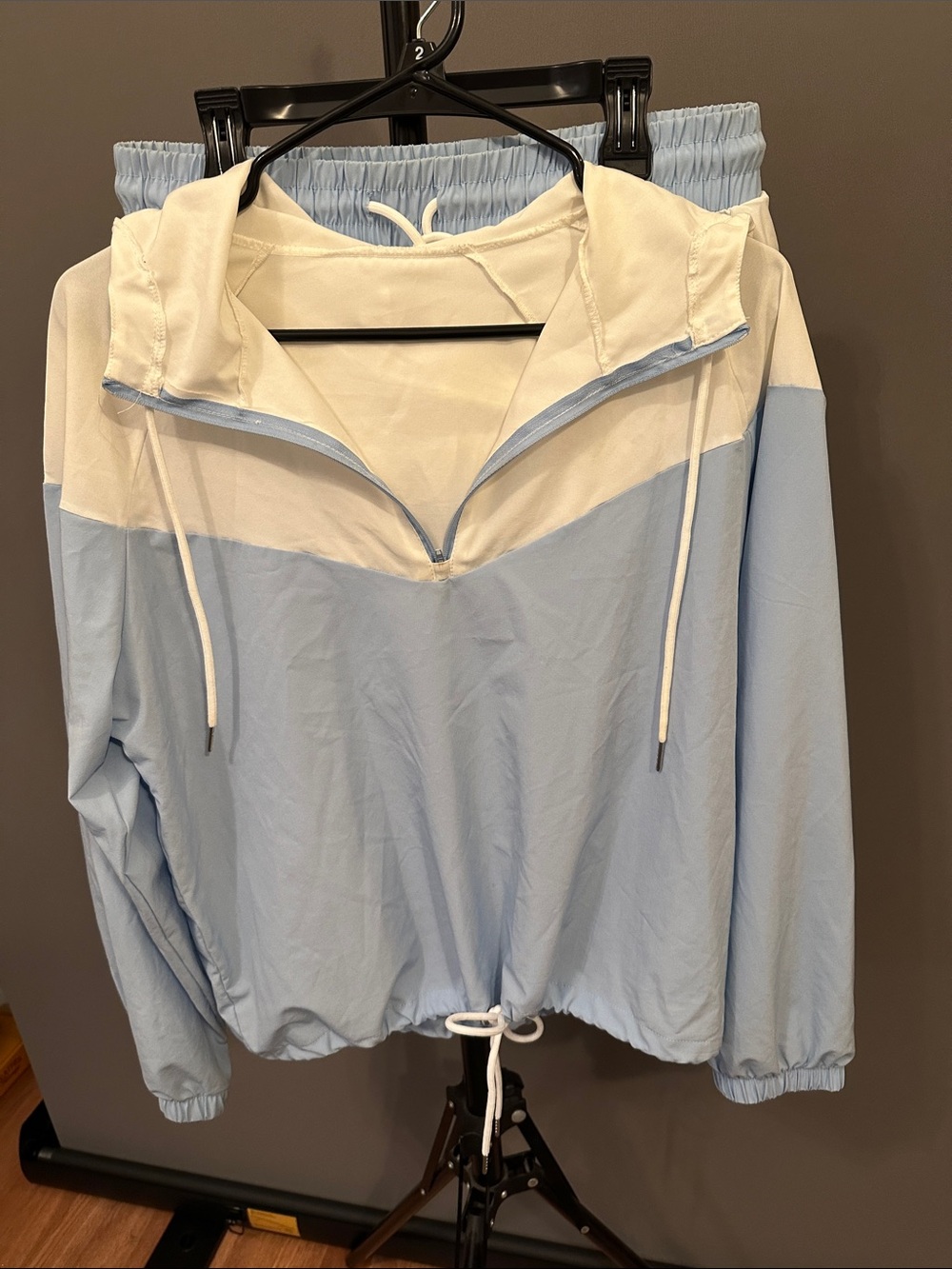 Amazon Light Blue and White Women's Hooded Bomber Jacket